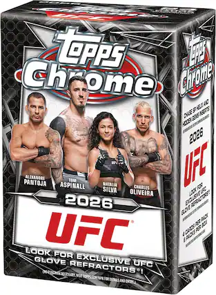 Topps Chrome 2026 UFC
Chase SP Helix and Hidden Gems Inserts
Alexandre Pantoja
Tom Aspinall
Natalia Silva
Charles Oliveira
Look for Exclusive UFC Glove Refractors!
4 Cards per Box
6 Packs per Box
No Purchase Necessary. Visit Topps.com/NPN for details and entry.