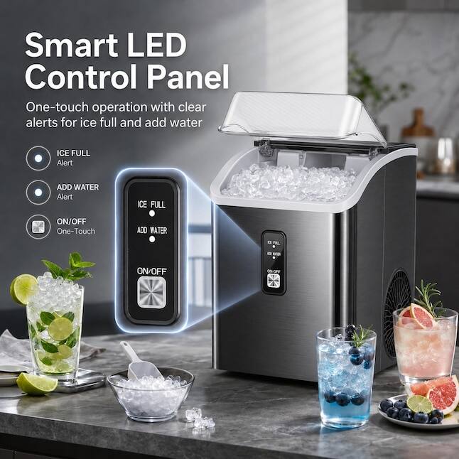 Smart LED Control Panel  
One-touch operation with clear alerts for ice full and add water

ICE FULL Alert  
ADD WATER Alert  
ICE FULL  
ON/OFF One-Touch  
ADD WATER  
ON/OFF