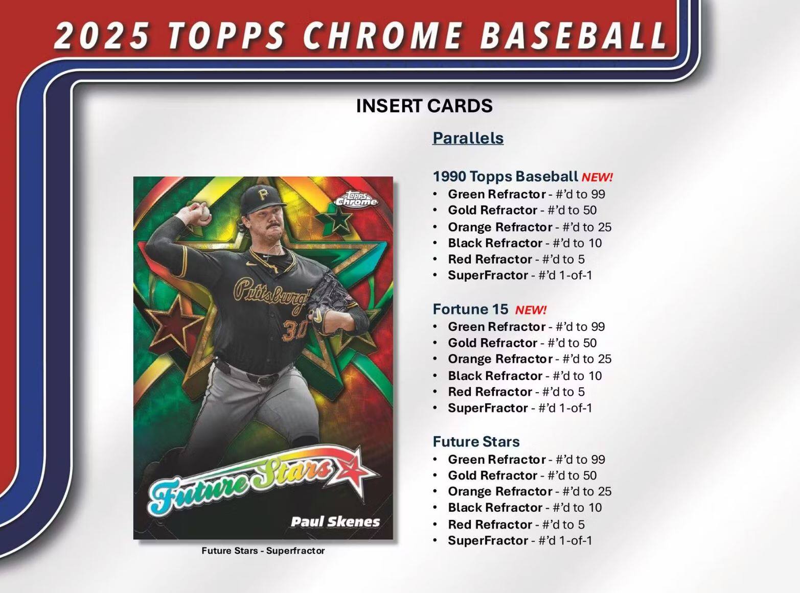 2025 TOPPS CHROME BASEBALL

INSERT CARDS

Parallels

1990 Topps Baseball NEW!
- Green Refractor - #’d to 99
- Gold Refractor - #’d to 50
- Orange Refractor - #’d to 25
- Black Refractor - #’d to 10
- Red Refractor - #’d to 5
- SuperFractor - #’d 1-of-1

Fortune 15 NEW!
- Green Refractor - #’d to 99
- Gold Refractor - #’d to 50
- Orange Refractor - #’d to 25
- Black Refractor - #’d to 10
- Red Refractor - #’d to 5
- SuperFractor - #’d 1-of-1

Future Stars
- Green Refractor - #’d to 99
- Gold Refractor - #’d to 50
- Orange Refractor - #’d to 25
- Black Refractor - #’d to