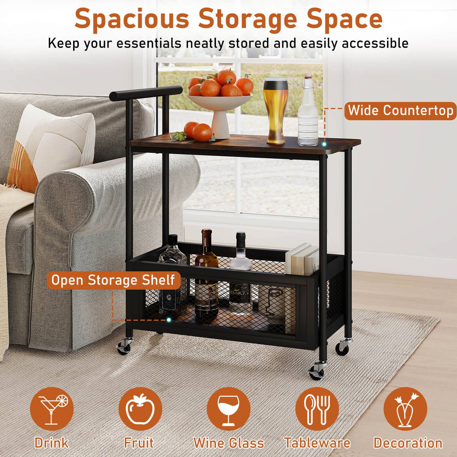 Spacious Storage Space  
Keep your essentials neatly stored and easily accessible  

Wide Countertop  

Open Storage Shelf  

Drink  
Fruit  
Wine Glass  
Tableware  
Decoration