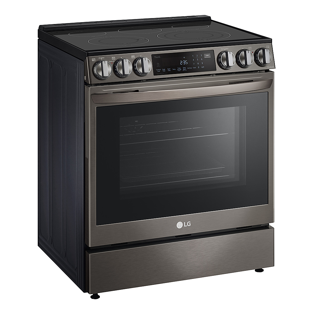 Left View: LG - 6.3 Cu. Ft. Smart Slide-In Electric True Convection Range with EasyClean, Air Fry, and InstaView - Black stainless steel