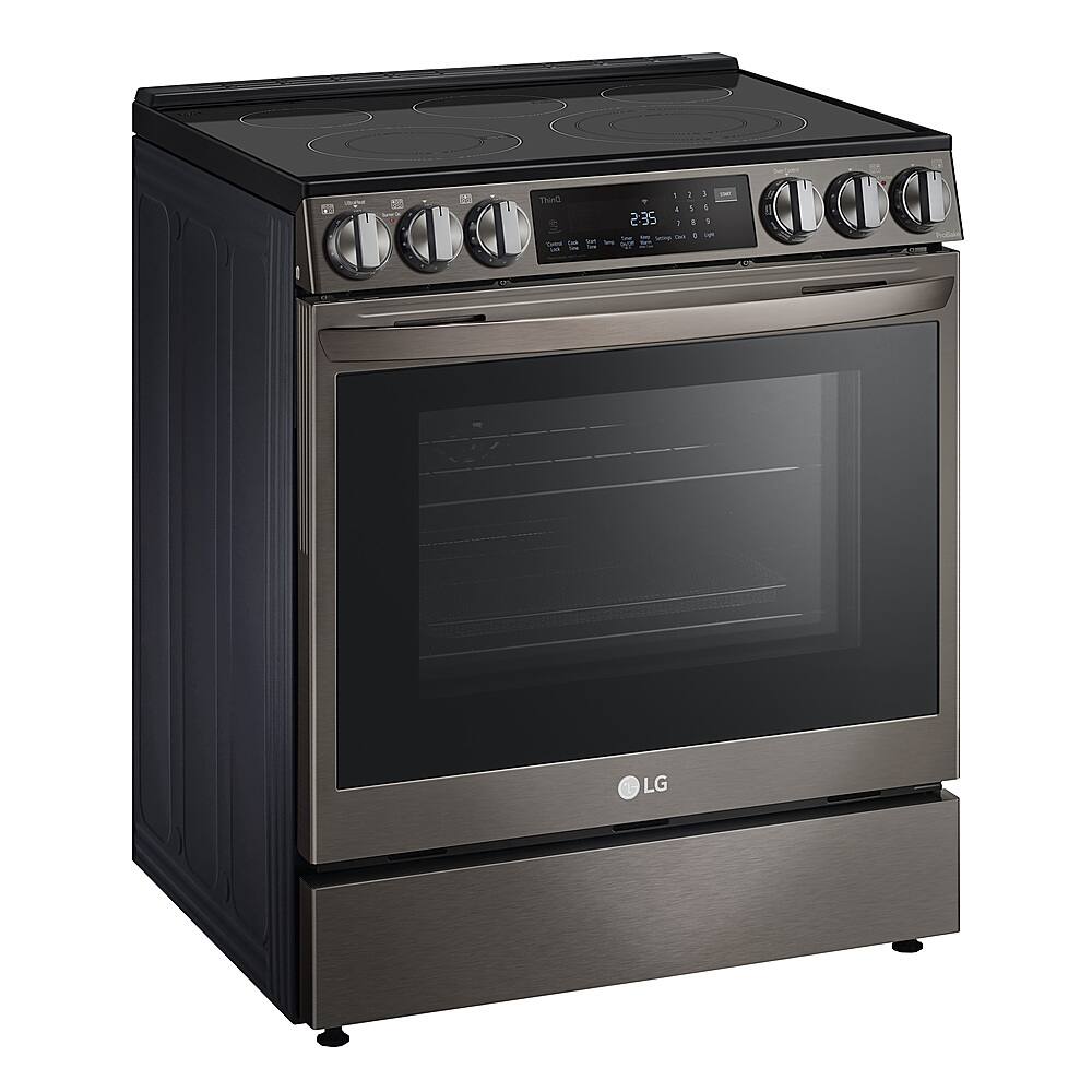 Left. LG - 6.3 Cu. Ft. Smart Slide-In Electric True Convection Range with EasyClean and Air Fry - PrintProof Black Stainless Steel.