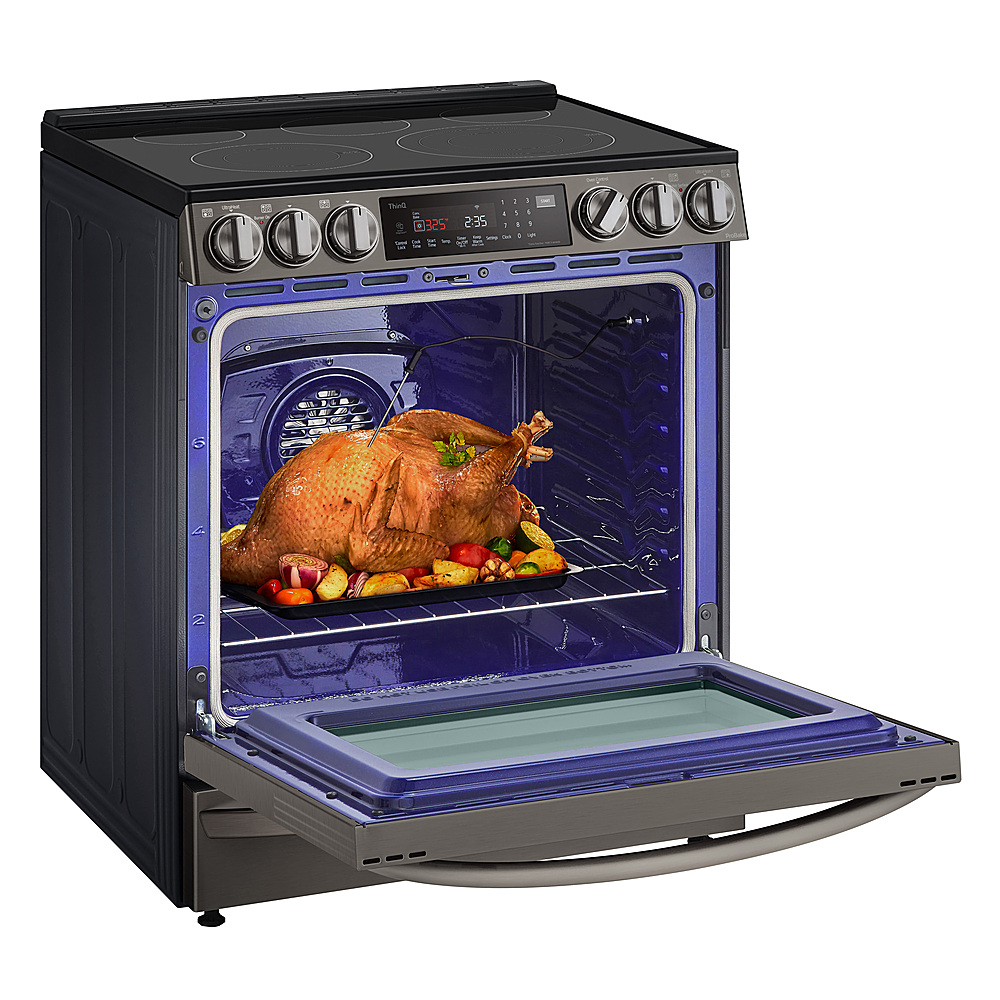 Left View: LG - 6.3 cu ft Electric Slide In Range with InstaView, Air Fry,Air Sou-Vide, ProBake Convection, and Smart WiFi Enabled - Black stainless steel