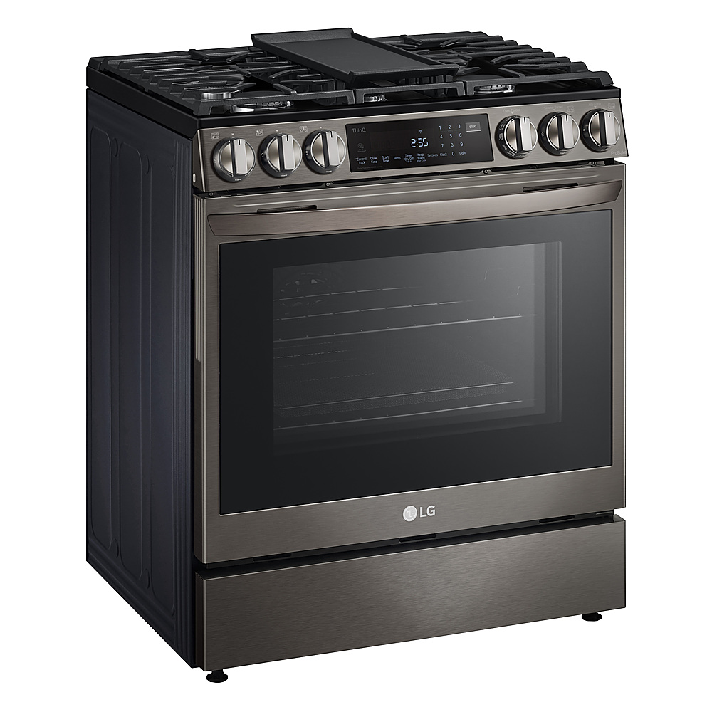 Angle View: LG - 6.3 Cu. Ft. Slide-In Gas Convection Range with EasyClean, InstaView and ThinQ Technology - Black stainless steel