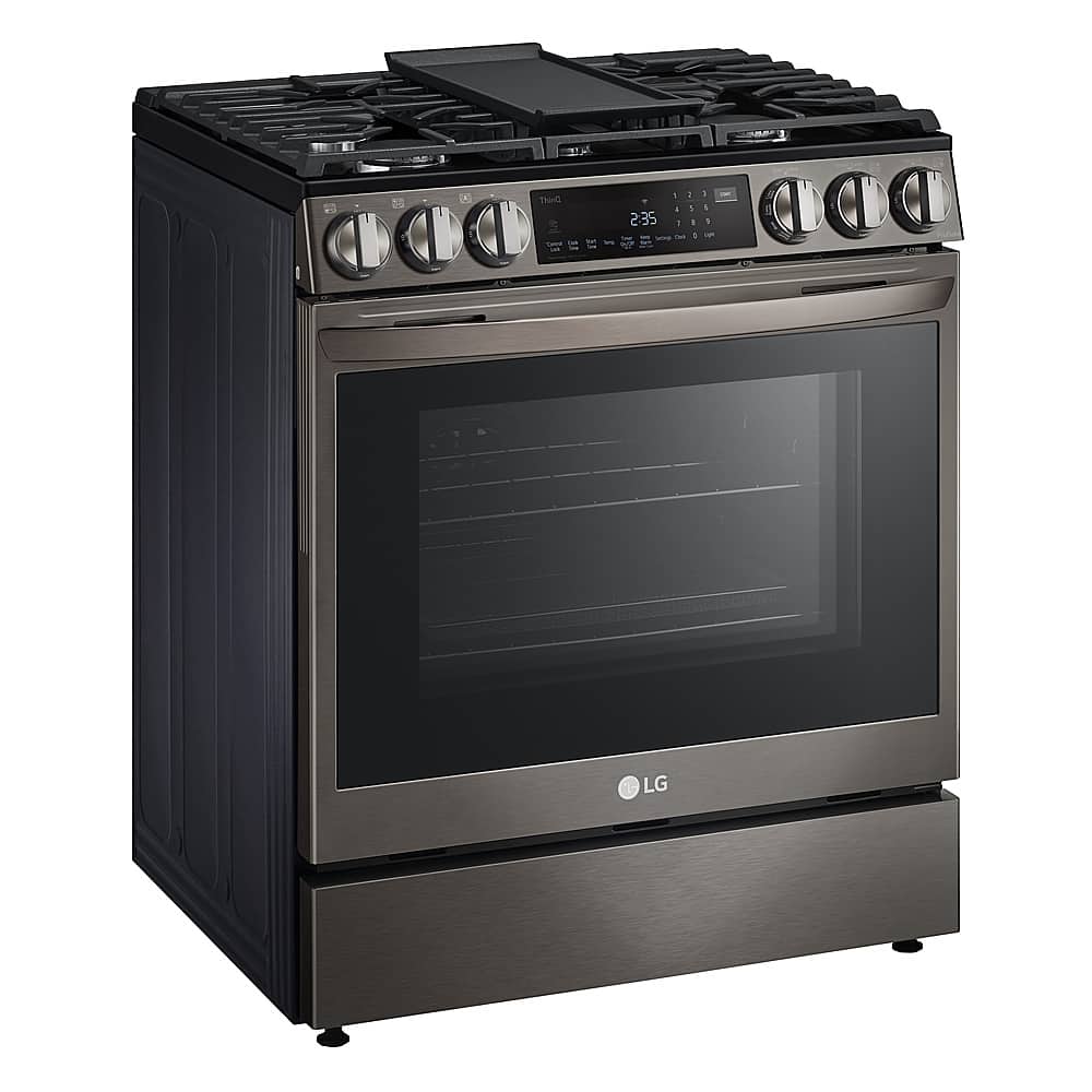 Angle. LG - 6.3 Cu. Ft. Smart Slide-In Gas True Convection Range with EasyClean and Air Fry - PrintProof Black Stainless Steel.