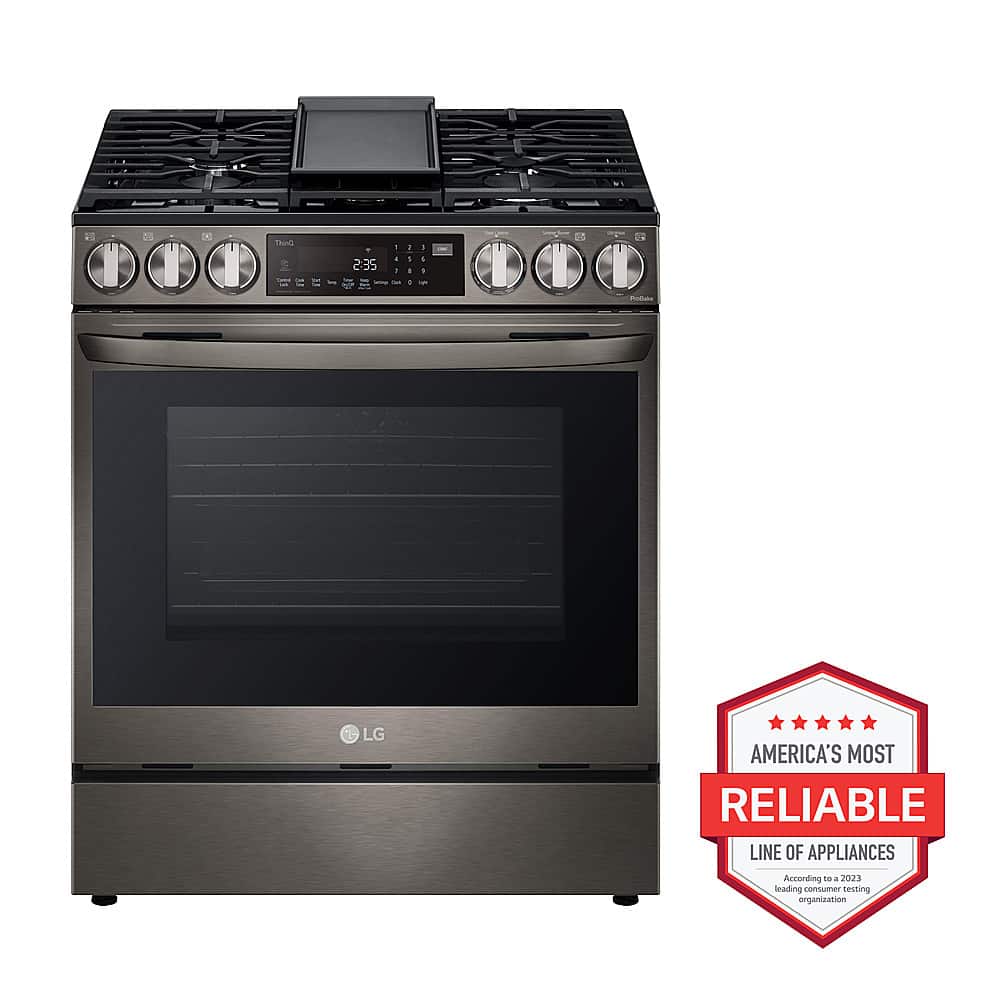 The image features a large, silver LG gas range oven with a stainless steel finish. The oven is equipped with a digital display and has a stove top with a black backboard. The oven is designed with a self-cleaning feature, making it easy to maintain. The stainless steel finish and the digital display give the oven a modern and sleek appearance. The oven is also labeled as America's most reliable line of appliances, according to a 2023 leading consumer organization.