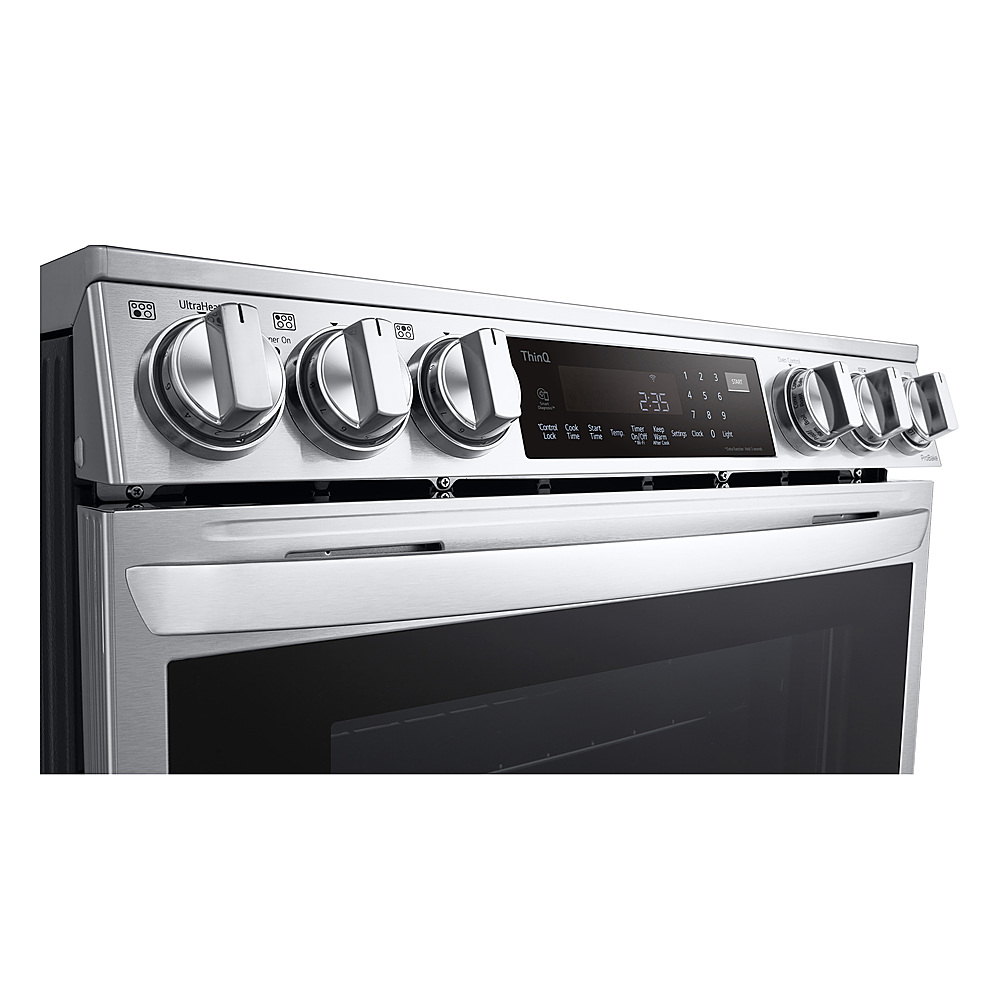 Left View: LG - 6.3 cu ft Electric Slide In Range with InstaView, Air Fry,Air Sou-Vide, ProBake Convection, and Smart WiFi Enabled - Stainless steel