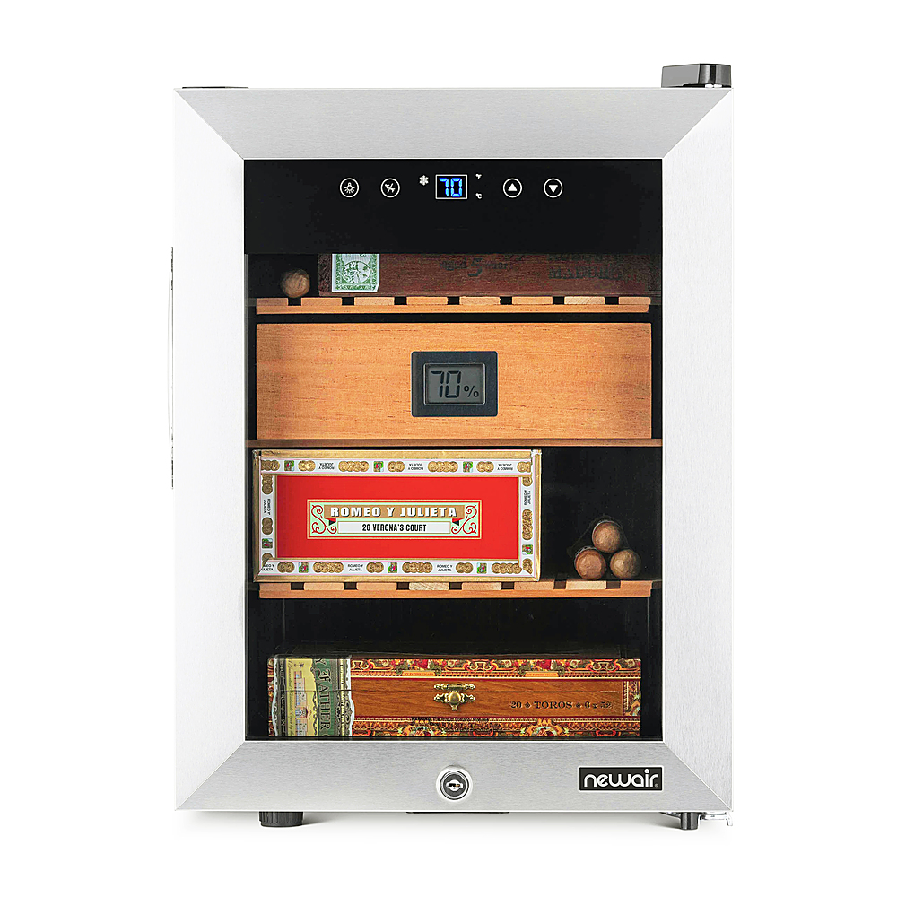 Left View: NewAir - 250 Count Cigar Humidor with Opti-Temp Heating and Cooling Function, Spanish Cedar Shelves and Digital Thermostat - Stainless Steel
