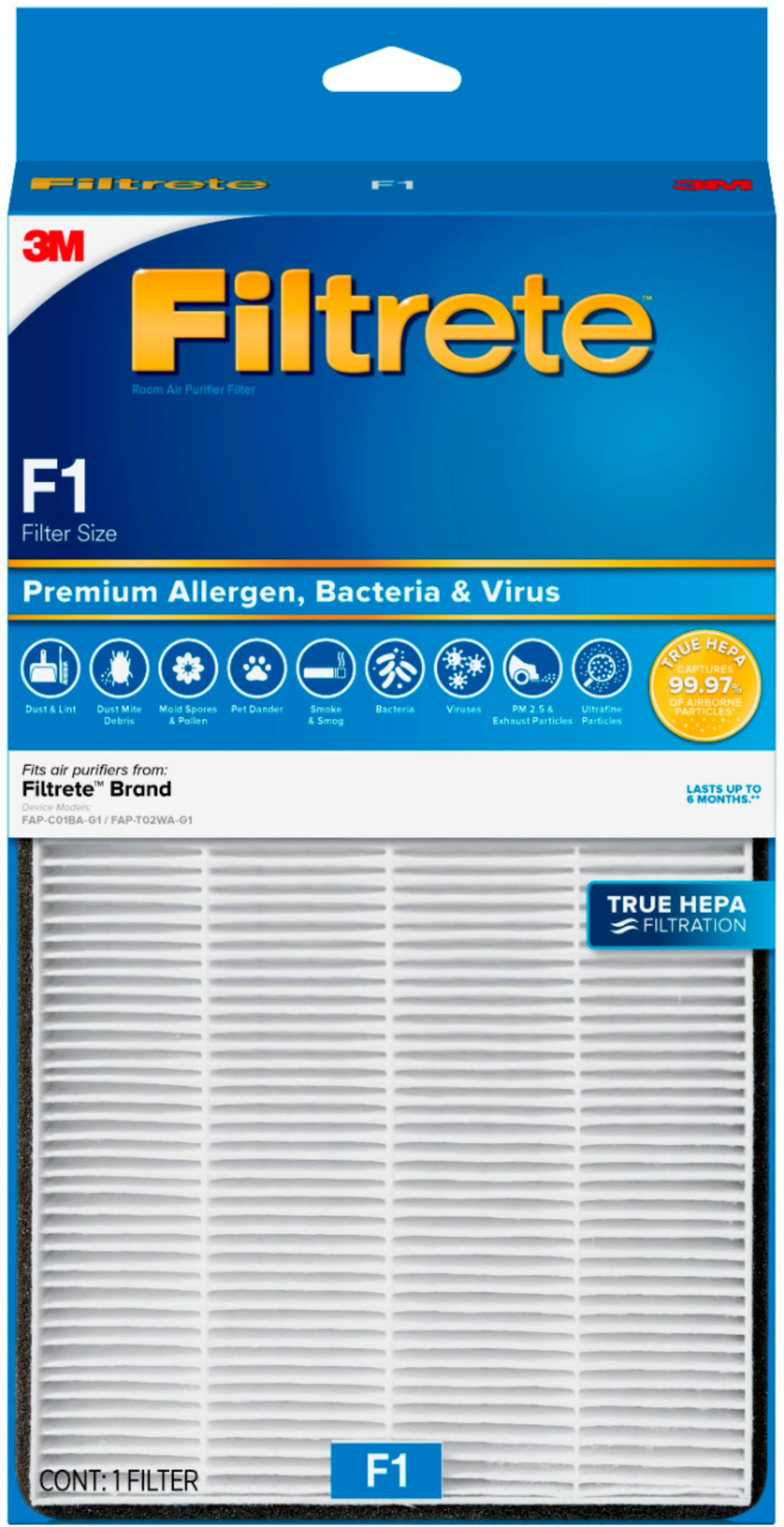 Filtrete F1 Room Air Purifier Filter, True HEPA Premium Allergen, Bacteria,  & Virus, 12 in. x 6.75 in., 2-Pack, Works with Devices: FAP-C01BA-G1