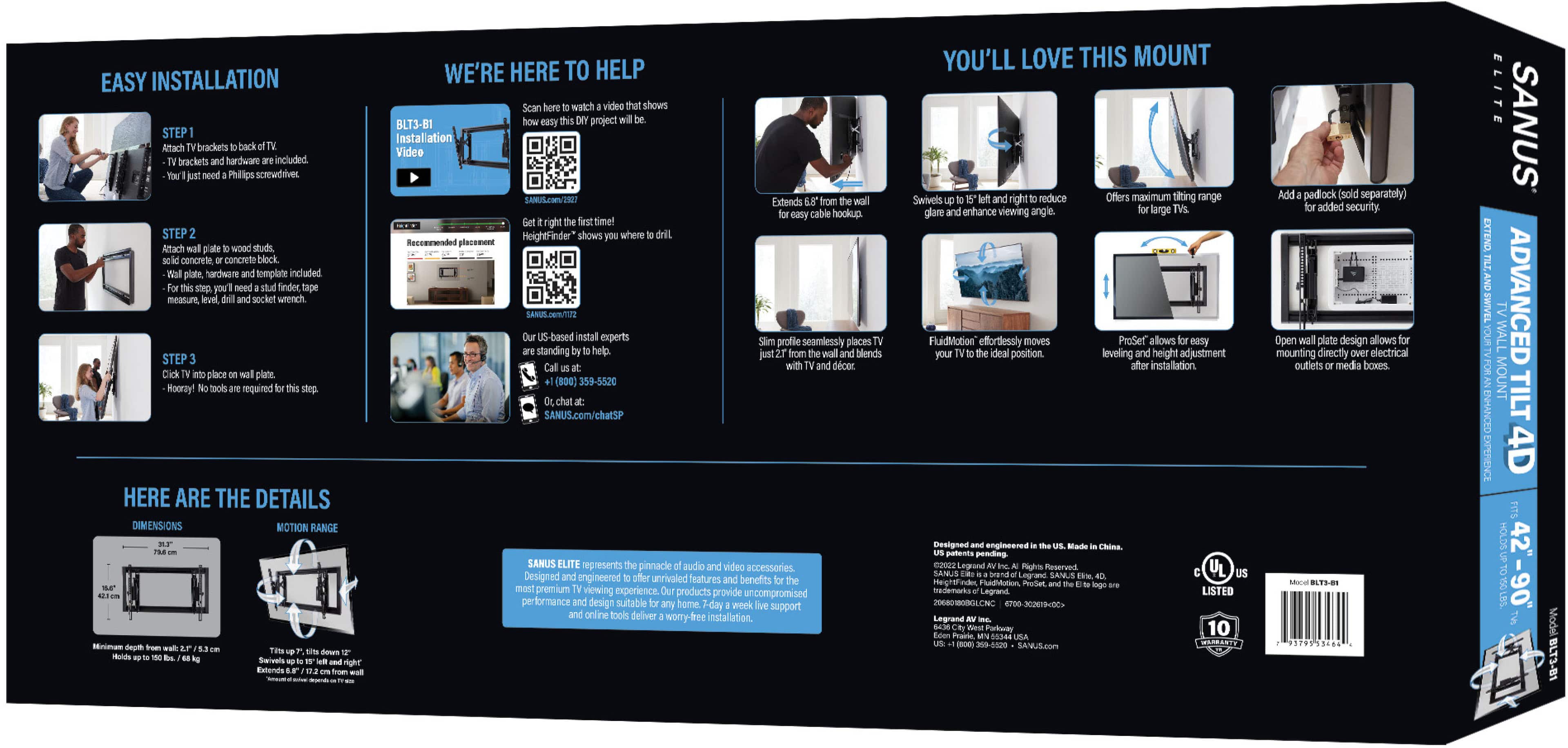 Alt View 20. SANUS Elite - Advanced Tilt 4D TV Wall Mount for Most TVs 42"-90" up to 150lbs- Extends 6.8" for Easy Cable Access and Max Tilt - Black.