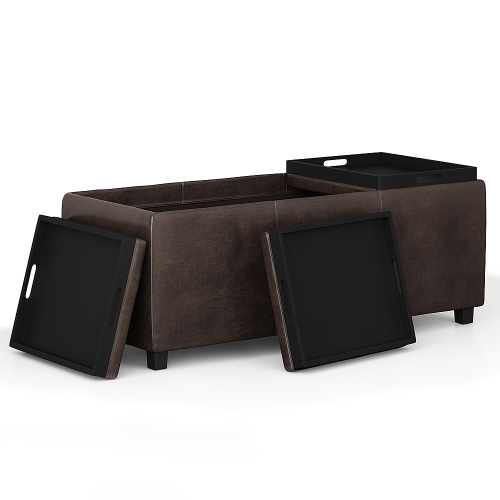 Left View: Simpli Home - Avalon 42 inch Wide Contemporary Rectangle Storage Ottoman in Faux Air Leather - Distressed Brown