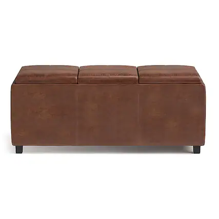 Front. Simpli Home - Avalon 42 inch Wide Contemporary Rectangle Storage Ottoman - Distressed Saddle Brown.