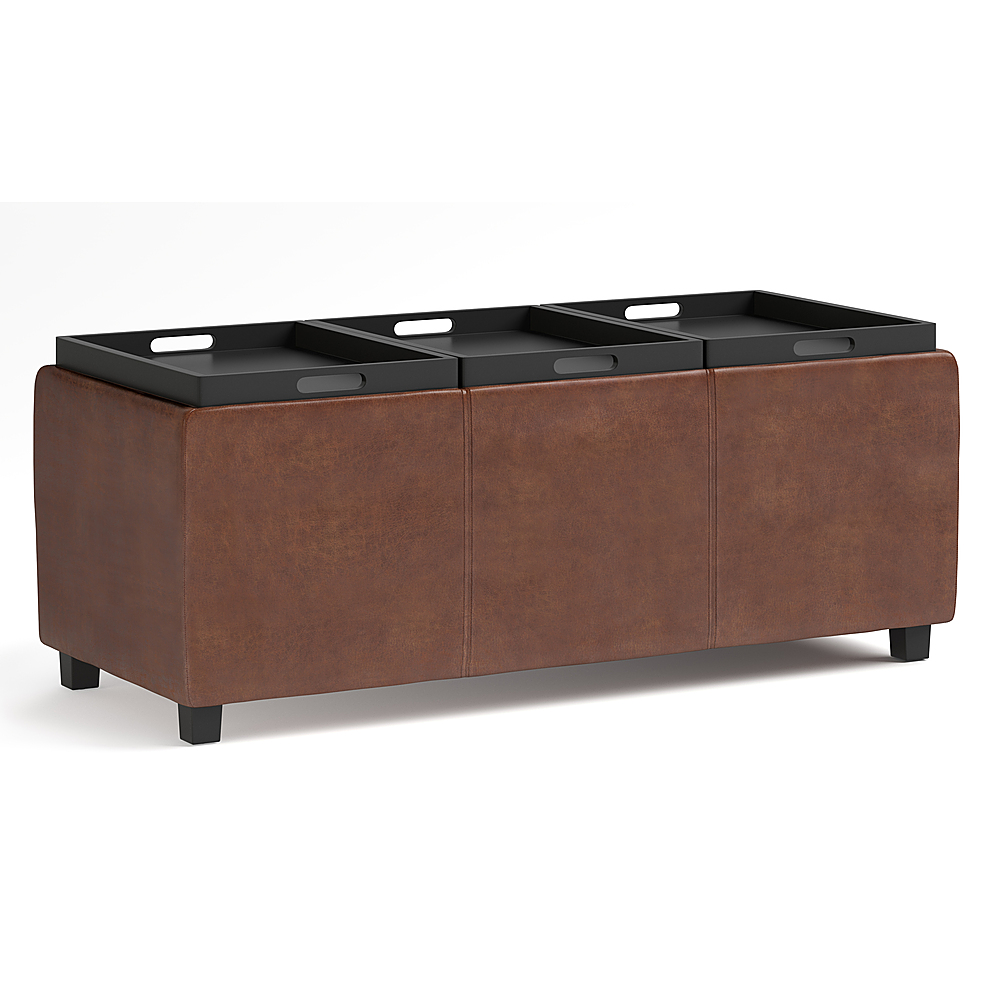 Left View: Simpli Home - Avalon 42 inch Wide Contemporary Rectangle Storage Ottoman - Distressed Saddle Brown