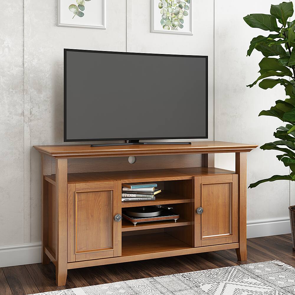 Front. Simpli Home - Amherst Solid Wood 54 inch Wide Transitional TV Media Stand For TVs up to 60 inches - Light Golden Brown.