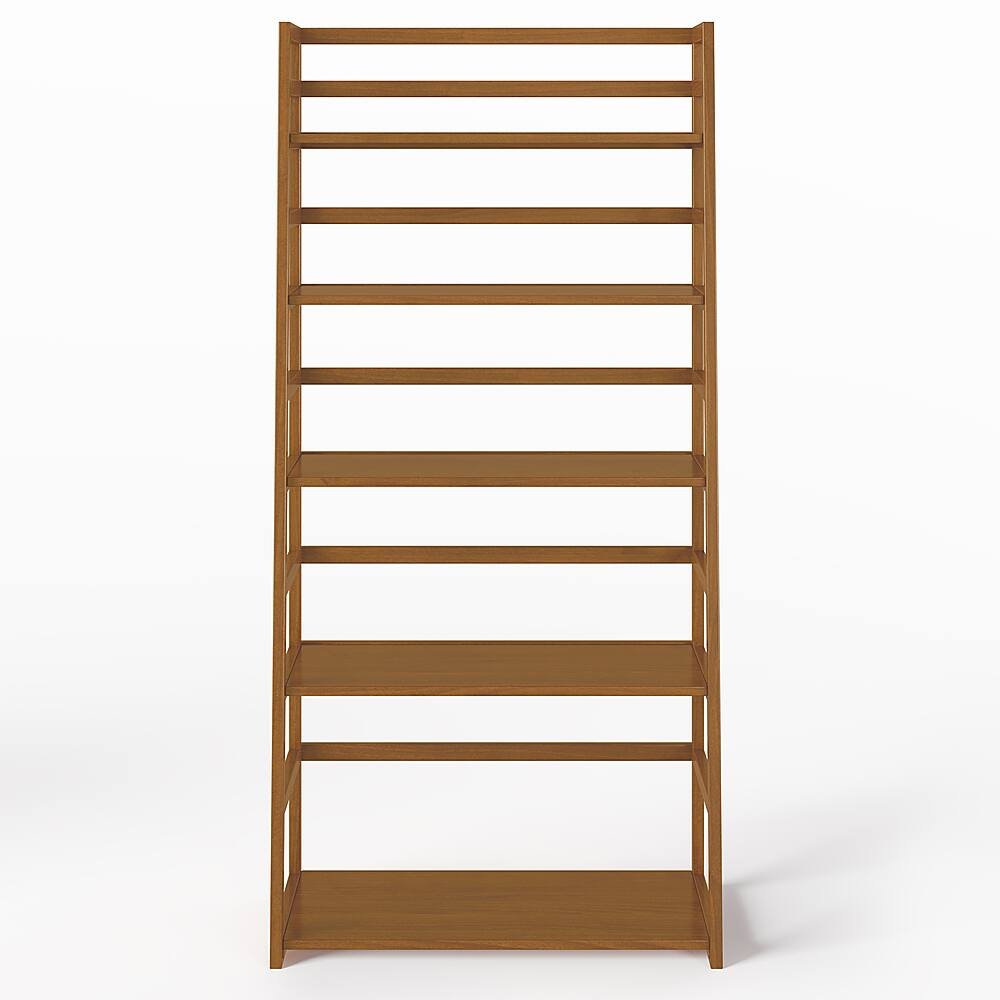 Left View: Simpli Home - Acadian Solid Wood 63 inch x 30 inch Rustic Ladder Shelf Bookcase - Light Golden Brown