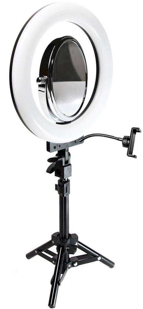 Left. Savage Universal - 12" RGB Tabletop Ring Light with Stand, Mirror, Phone Holder and Carry Bag - Black.