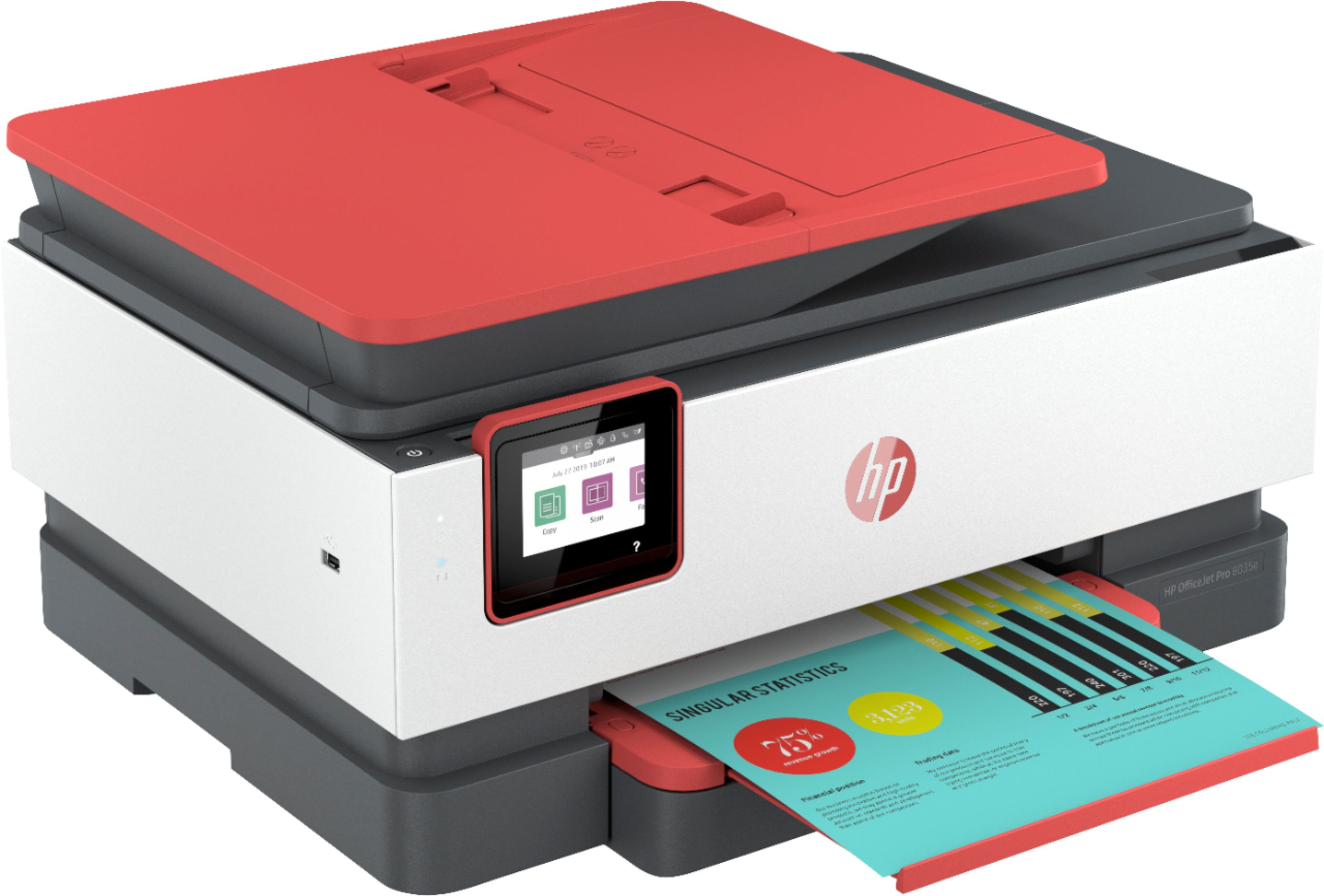 Left View: HP - OfficeJet Pro 8035e Wireless All-In-One Inkjet Printer with up to 12 months of Instant Ink Included with HP+ - Coral