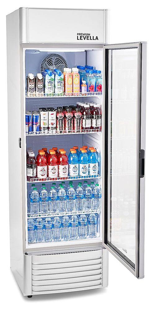 Angle. Premium Levella - 15.5 cu. ft. 1-Door Commercial Merchandiser Refrigerator Glass-Door Beverage Display Cooler - Silver.