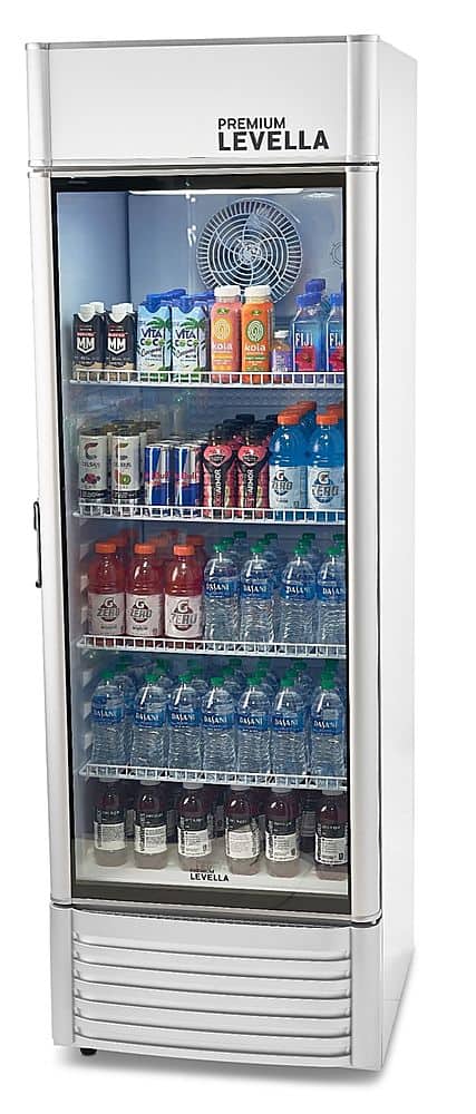 Left. Premium Levella - 15.5 cu. ft. 1-Door Commercial Merchandiser Refrigerator Glass-Door Beverage Display Cooler - Silver.