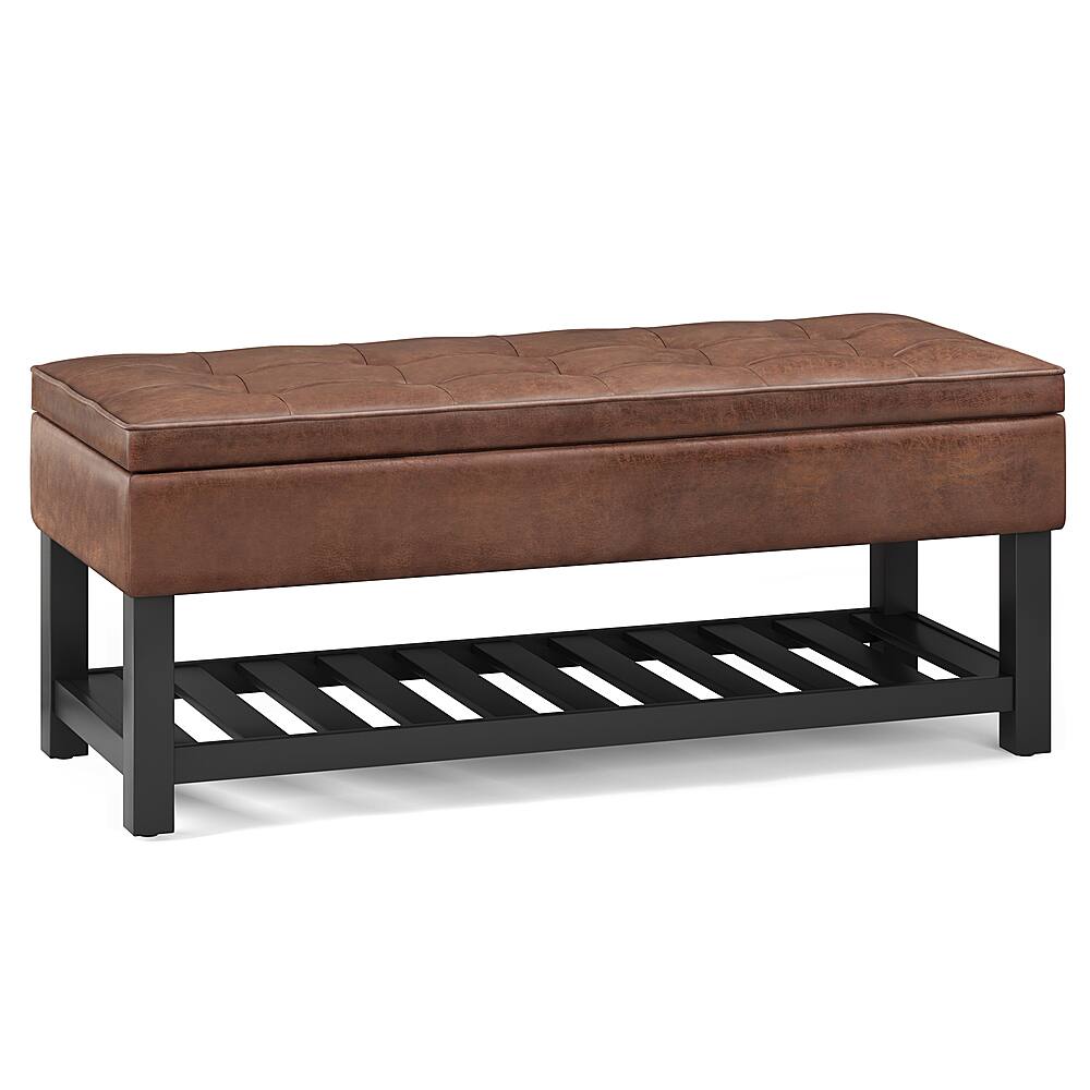 Angle. Simpli Home - Cosmopolitan 44 inch Wide Traditional Rectangle Storage Ottoman Bench in Distressed Saddle Brown Faux Leather - Distressed Saddle Brown.