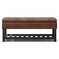 Simpli Home - Cosmopolitan 44 inch Wide Traditional Rectangle Storage Ottoman Bench Faux Leather - Distressed Saddle Brown - Front_Zoom