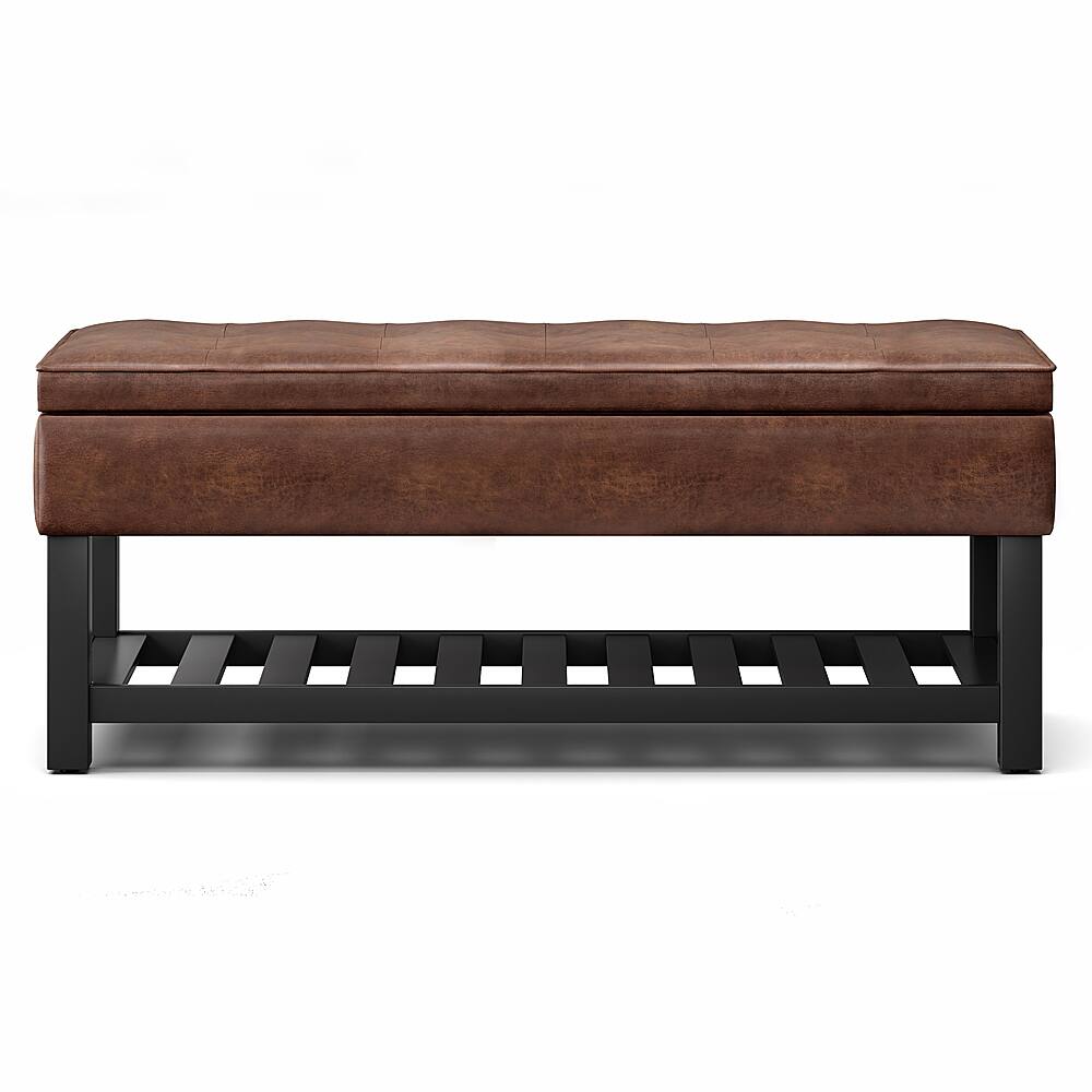 Front. Simpli Home - Cosmopolitan 44 inch Wide Traditional Rectangle Storage Ottoman Bench in Distressed Saddle Brown Faux Leather - Distressed Saddle Brown.