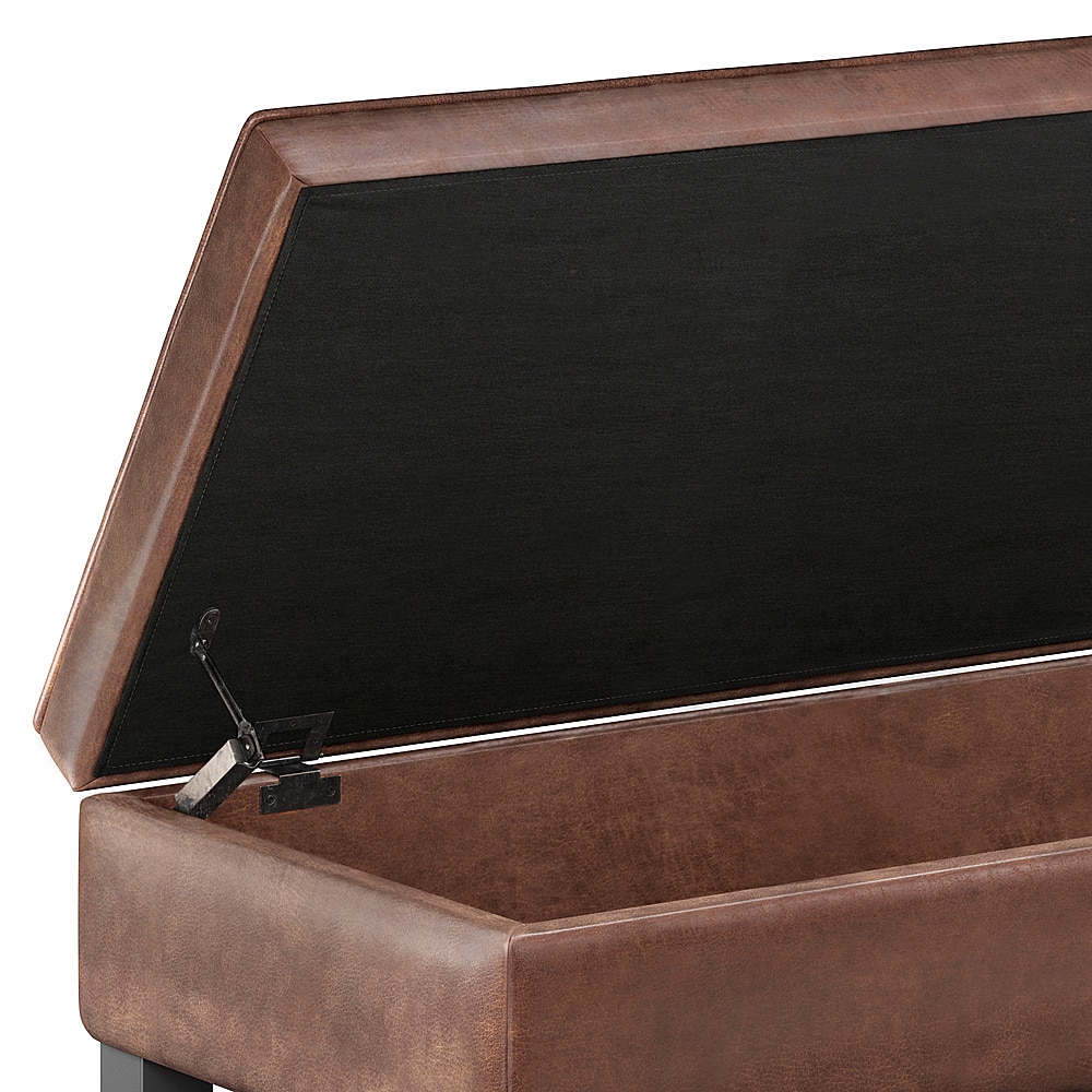 Alt View 14. Simpli Home - Cosmopolitan 44 inch Wide Traditional Rectangle Storage Ottoman Bench in Distressed Saddle Brown Faux Leather - Distressed Saddle Brown.