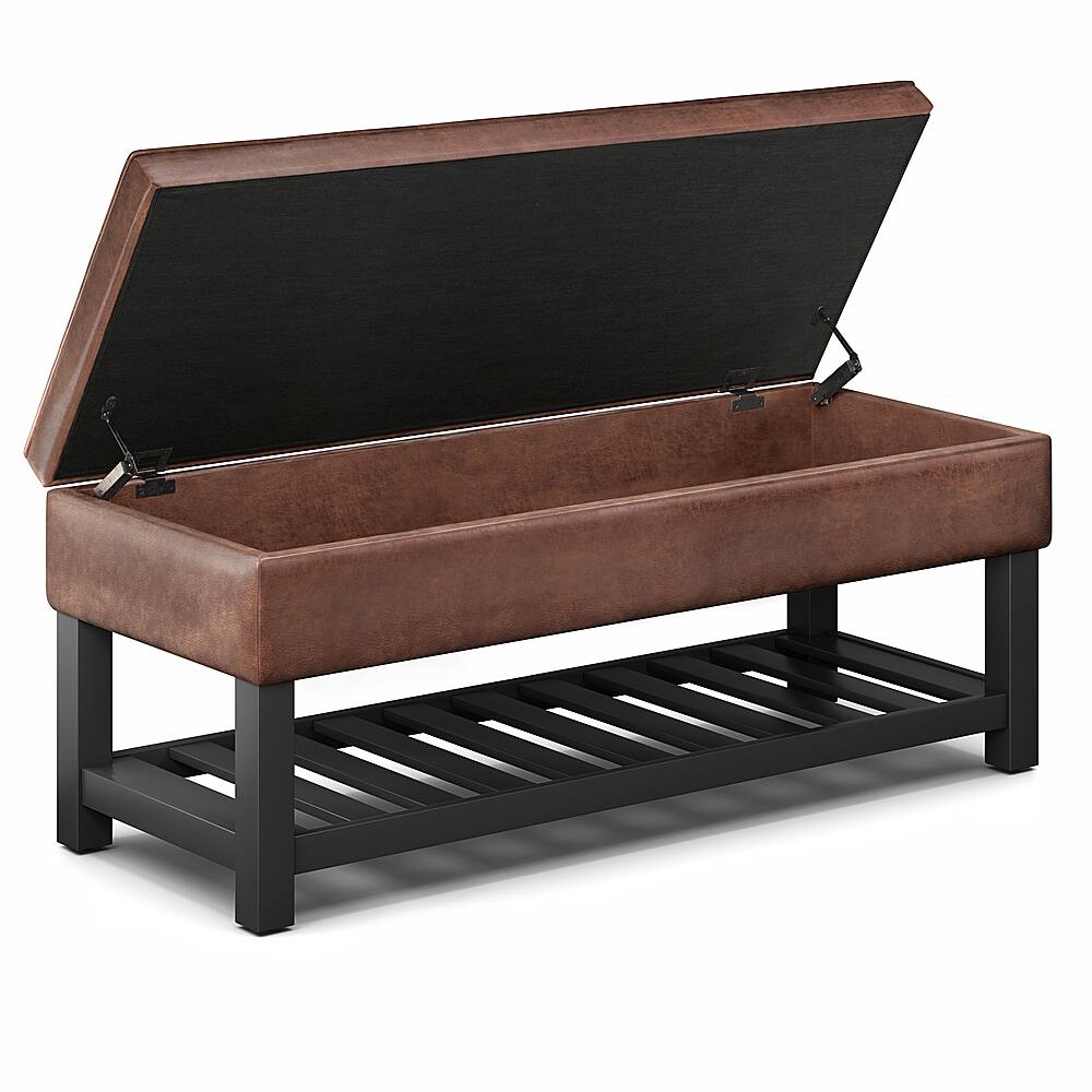 Left. Simpli Home - Cosmopolitan 44 inch Wide Traditional Rectangle Storage Ottoman Bench in Distressed Saddle Brown Faux Leather - Distressed Saddle Brown.