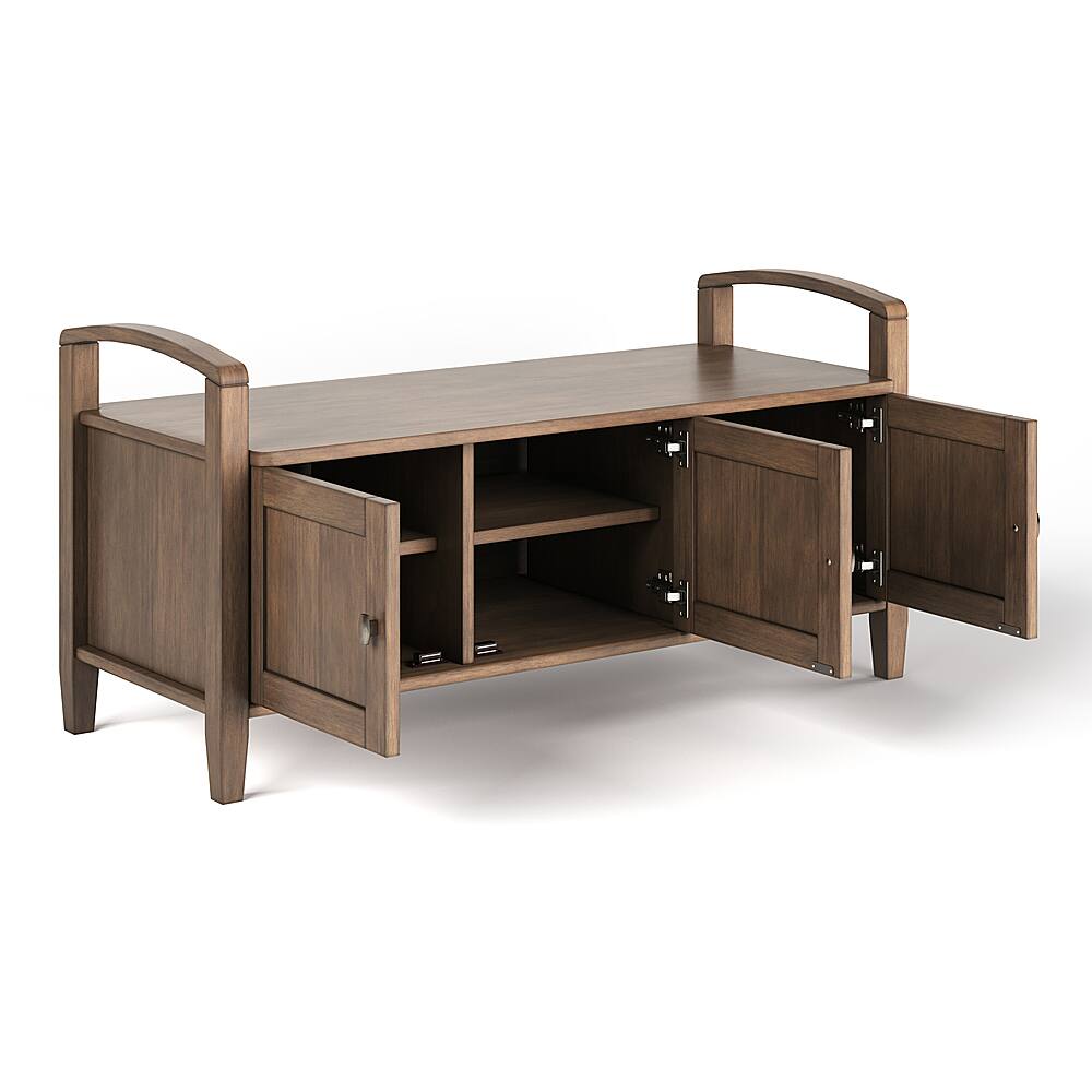 Left View: Simpli Home - Warm Shaker SOLID WOOD 44 inch Wide Transitional Entryway Storage Bench in - Rustic Natural Aged Brown