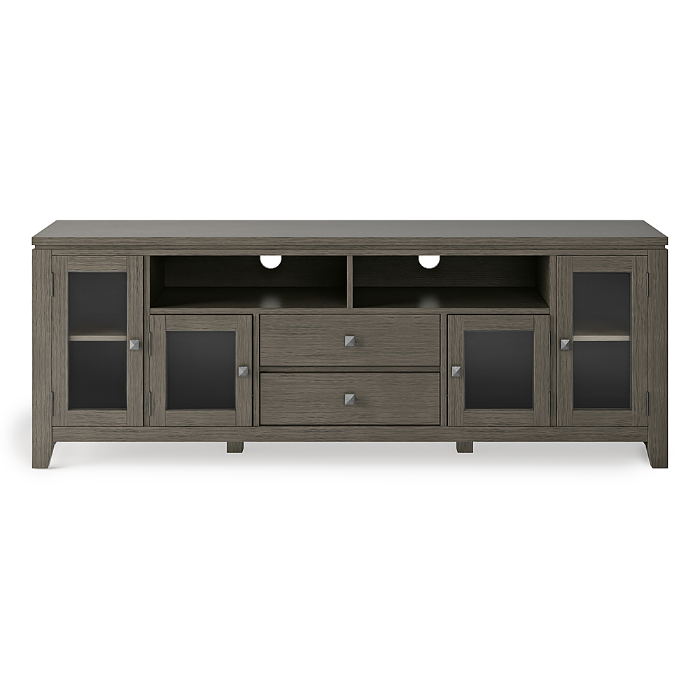 Left View: Simpli Home - Cosmopolitan SOLID WOOD 72 inch Wide Contemporary TV Media Stand in Farmhouse Grey For TVs up to 80 inches - Farmhouse Grey