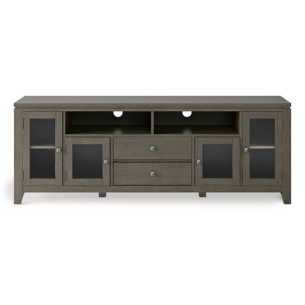 Left. Simpli Home - Cosmopolitan Solid Wood 72 inch Wide Contemporary TV Media Stand For TVs up to 80 inches - Farmhouse Grey.