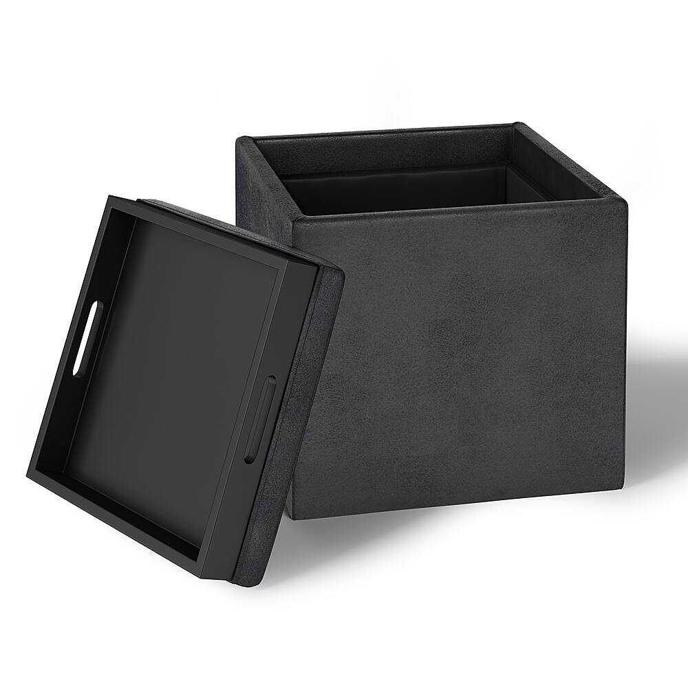 Left View: Simpli Home - Rockwood 17 inch Wide Contemporary Square Cube Storage Ottoman with Tray - Distressed Black