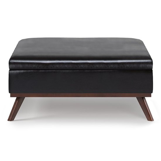 Simpli Home Owen 36 Inch Wide Mid, Brown Leather Ottoman Coffee Table With Storage