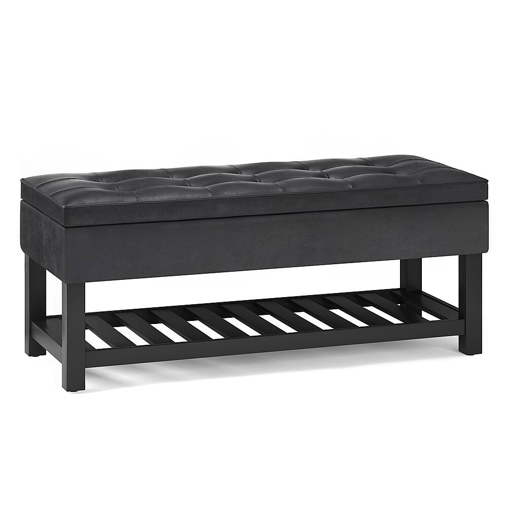 Angle View: Simpli Home - Cosmopolitan 44 inch Wide Traditional Rectangle Storage Ottoman Bench with Open Bottom in Faux Leather - Distressed Black