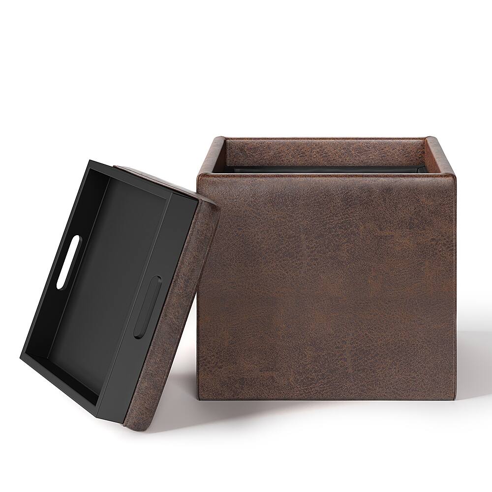 Left View: Simpli Home - Rockwood 17 inch Wide Contemporary Square Cube Storage Ottoman with Tray - Distressed Chestnut Brown