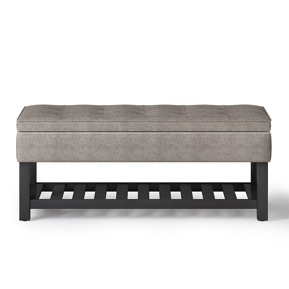 Front. Simpli Home - Cosmopolitan 44 inch Wide Traditional Rectangle Storage Ottoman Bench with Open Bottom - Distressed Grey Taupe.