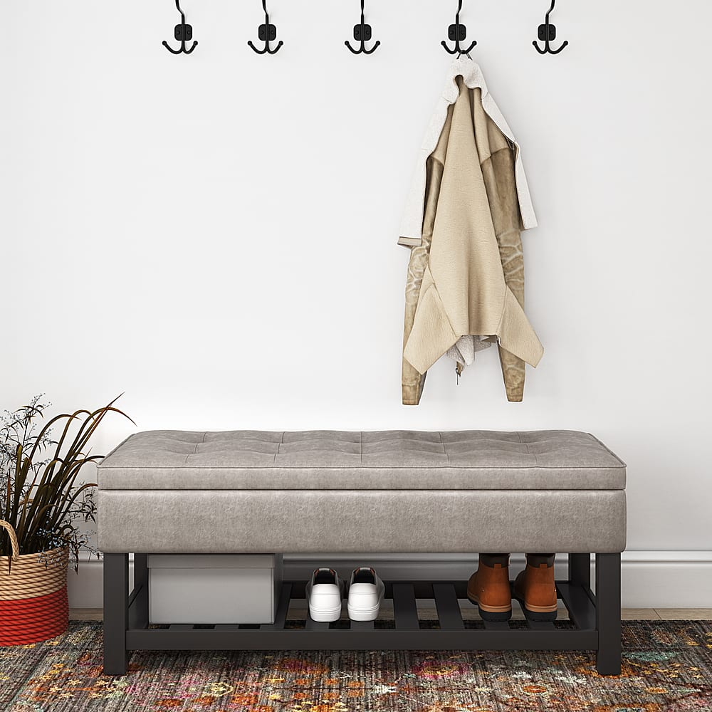 Alt View 11. Simpli Home - Cosmopolitan 44 inch Wide Traditional Rectangle Storage Ottoman Bench with Open Bottom - Distressed Grey Taupe.
