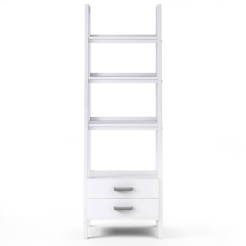 Left. Simpli Home - Sawhorse SOLID WOOD 72 inch x 24 inch Modern Industrial Ladder Shelf with Storage in White - White.