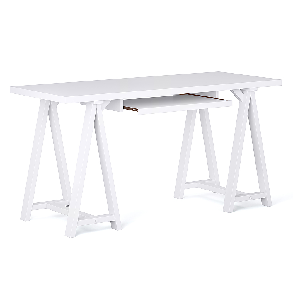 Left View: Simpli Home - Sawhorse SOLID WOOD Modern Industrial 60 inch Wide Writing Office Desk in - White