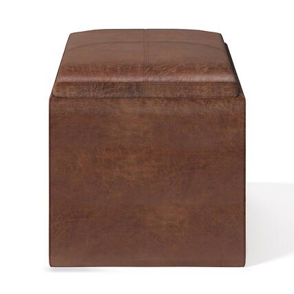 Front. Simpli Home - Rockwood 17 inch Wide Contemporary Square Cube Storage Ottoman with Tray - Distressed Saddle Brown.
