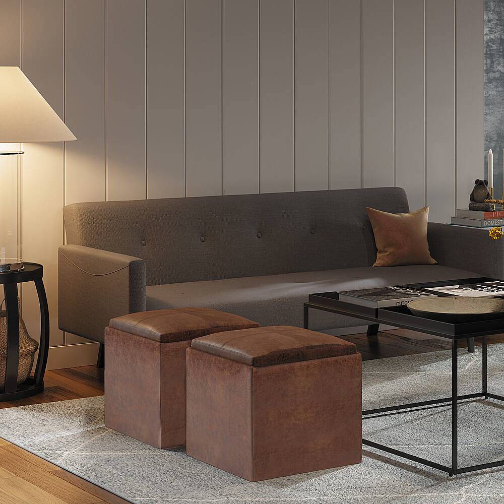 Alt View 11. Simpli Home - Rockwood 17 inch Wide Contemporary Square Cube Storage Ottoman with Tray - Distressed Saddle Brown.