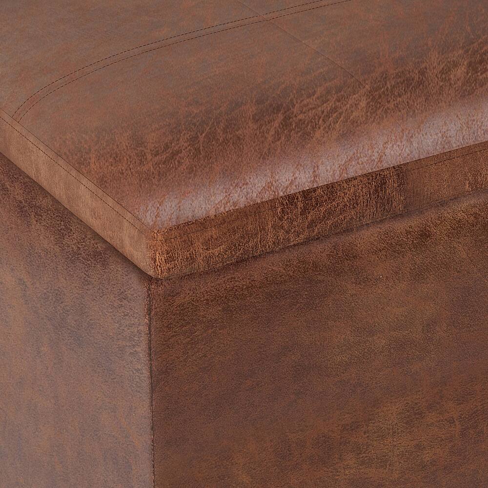 Alt View 13. Simpli Home - Rockwood 17 inch Wide Contemporary Square Cube Storage Ottoman with Tray - Distressed Saddle Brown.