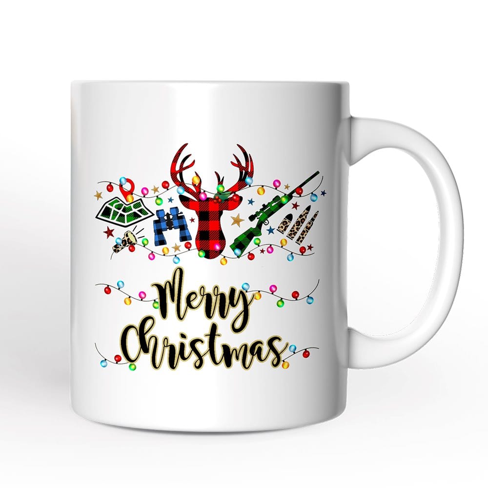 OrnamentallyYou - Buffalo Plaid Hunting Theme Christmas Mug, Hunter Gift, Red and Green Deer and Gun - White