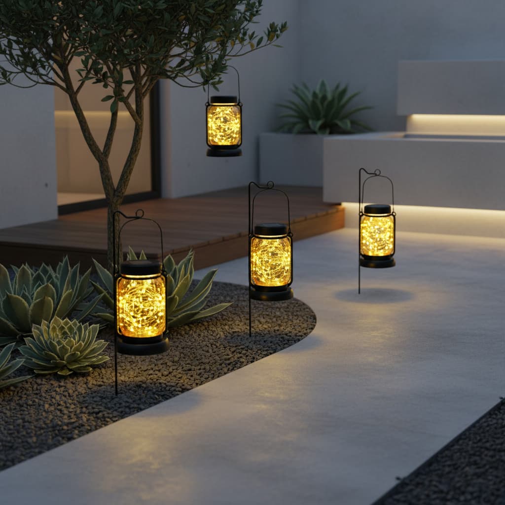 Alt View 2. FINEAK - 18.9" 4 Pack Solar Hanging Lanterns - Waterproof Mason Jar Fairy Lights with Stakes (Warm White) - Black.
