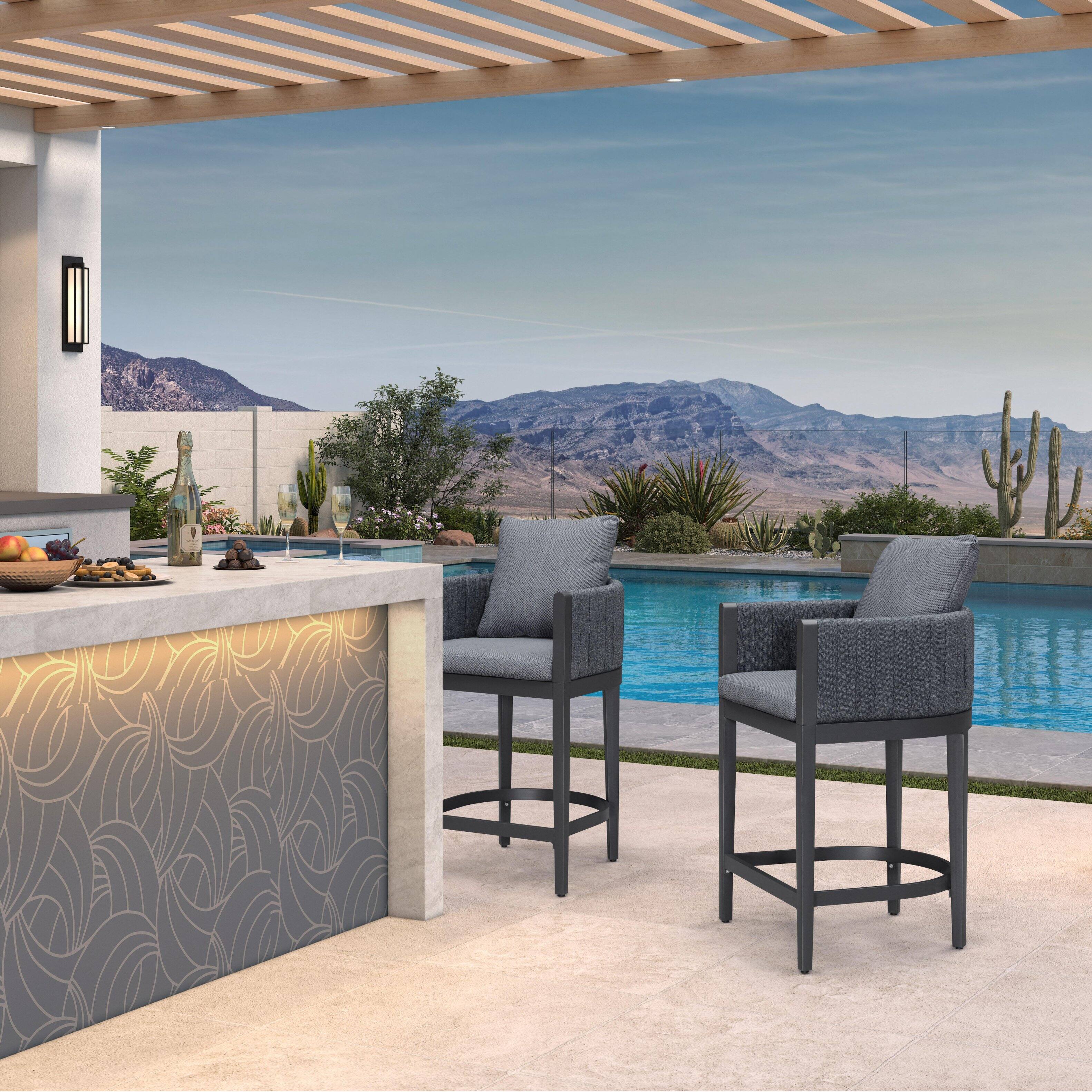 Front. PURPLE LEAF - Outdoor Counter Height Stool Set of 2 Aluminum Modern Olefin Barstools with Backrest Pillow for Garden Balcony Lawn - Grey & Square Base.