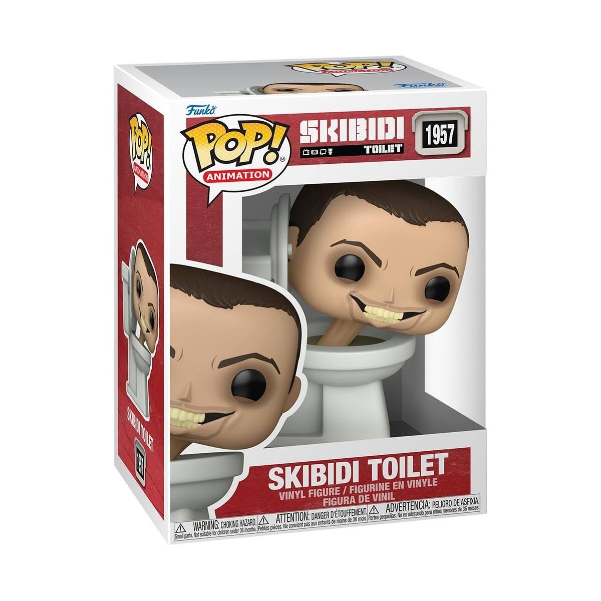 Sure, here is the corrected and grouped text from the image:

---

**Funko POP! Animation**

**SKIBIDI TOILET**

**1957**

**SKIBIDI TOILET**

**VINYL FIGURE / FIGURINE EN VINYLE / FIGURA DE VINIL**

**WARNING: CHOKING HAZARD - Small parts. Not for children under 3 years. ATTENTION: DANGER D'ETOUFFEMENT - Petites pièces. Ne convient pas aux enfants de moins de 3 ans. ADVERTENCIA: PELIGRO DE ASFIXIA - Piezas pequeñas. No es adecuado para menores de 3 años.**

---

This text is organized to reflect the information on the packaging.