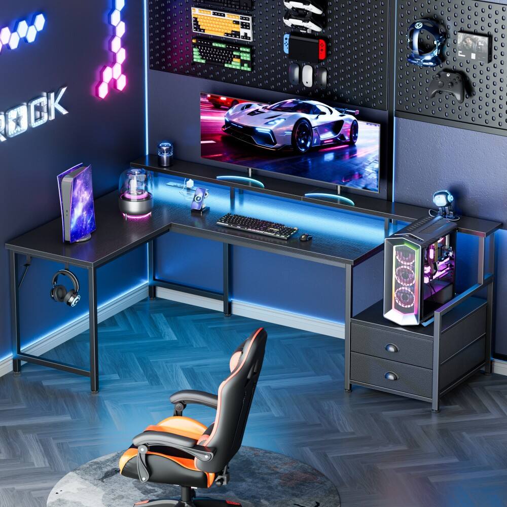 Alt View 1. Furnulem - L Shaped Computer Desk with Charging Station Gaming Desk with LED Lights 2 Drawers Monitor Stand - Black.