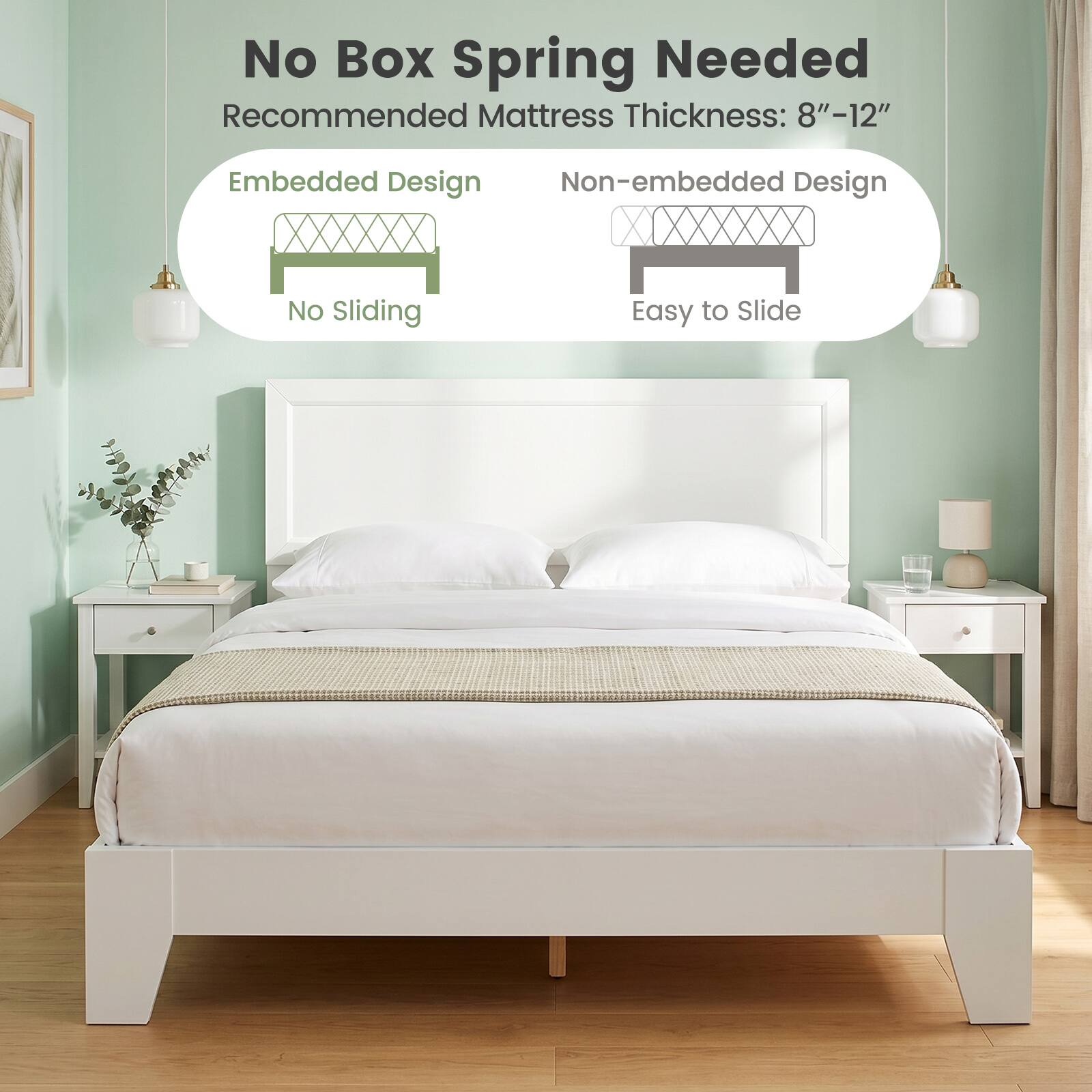 No Box Spring Needed  
Recommended Mattress Thickness: 8"-12"  

Embedded Design  
No Sliding  

Non-embedded Design  
Easy to Slide