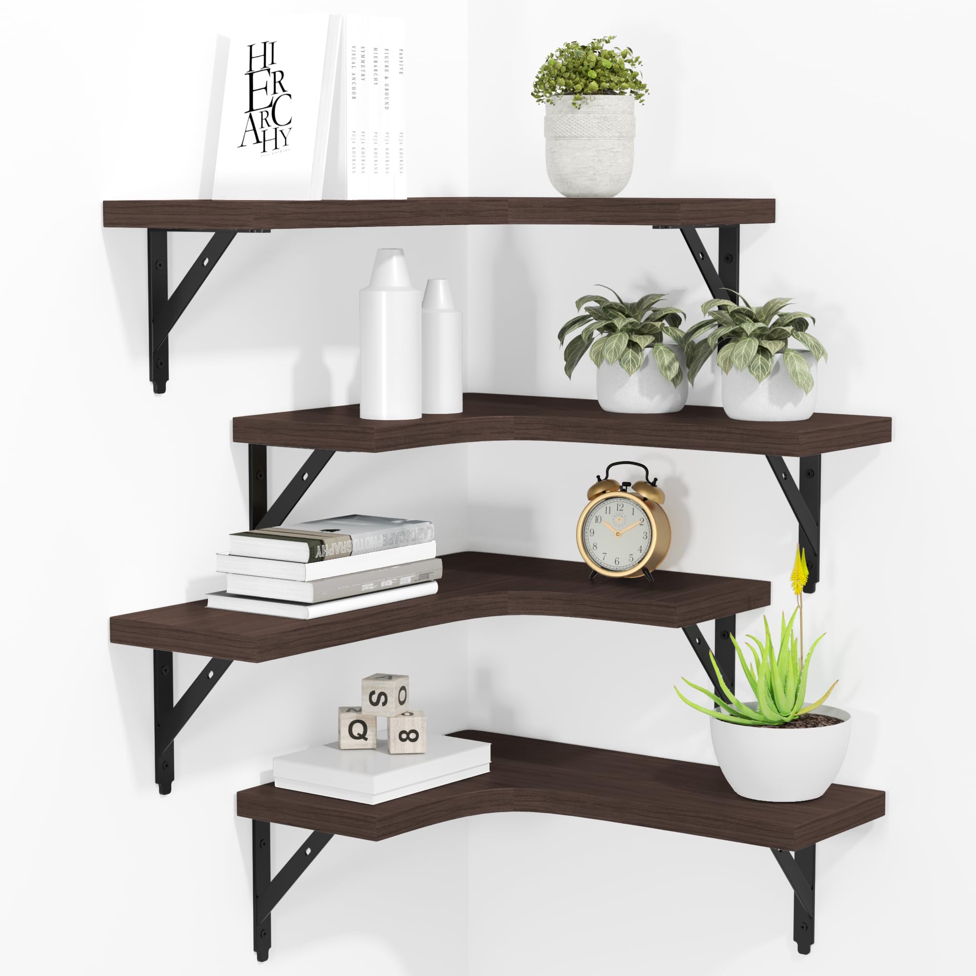Dazzed Corner - Corner Floating Shelves Wall Mounted Set of 4 - Brown