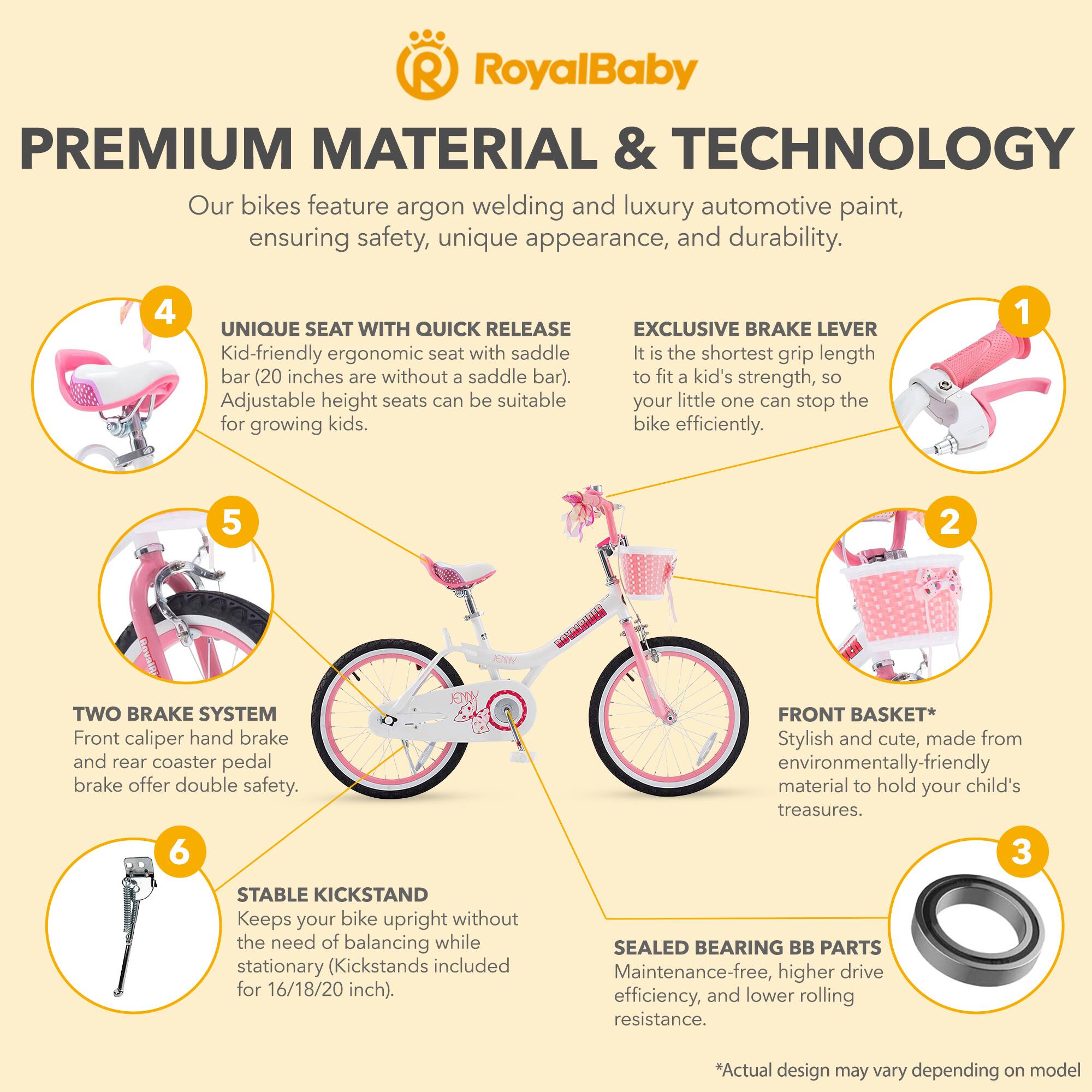 RoyalBaby PREMIUM MATERIAL & TECHNOLOGY  
Our bikes feature argon welding and luxury automotive paint, ensuring safety, unique appearance, and durability.  

4 UNIQUE SEAT WITH QUICK RELEASE  
Kid-friendly ergonomic seat with saddle bar (20 inches are without a saddle bar). Adjustable height seats can be suitable for growing kids.  

EXCLUSIVE BRAKE LEVER  
It is the shortest grip length to fit a kid's strength, so your little one can stop the bike efficiently.  

2 TWO BRAKE SYSTEM  
Front caliper hand brake and rear coaster pedal brake offer double safety.  

FRONT BASKET*  
Stylish and cute, made from environmentally-friendly material to hold your child's treasures.  

6 STABLE KICKSTAND  
Keeps your bike upright without the need of balancing while stationary (Kickstands included for 16/18/20 inch).  

SEALED BEARING BB PARTS  
Maintenance-free, higher drive efficiency, and lower rolling resistance.  

*Actual design may vary depending on model